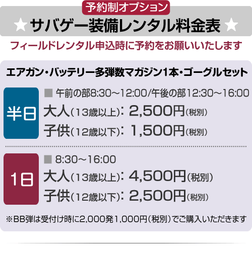 予約制オプション　サバゲー装備レンタル料金表　フィールドレンタル申込時に予約をお願いいたします