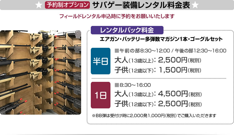 予約制オプション　サバゲー装備レンタル料金表　フィールドレンタル申込時に予約をお願いいたします